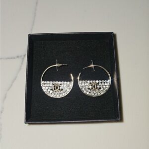 CHANEL Silver and Gold Crystal Hoop Earrings